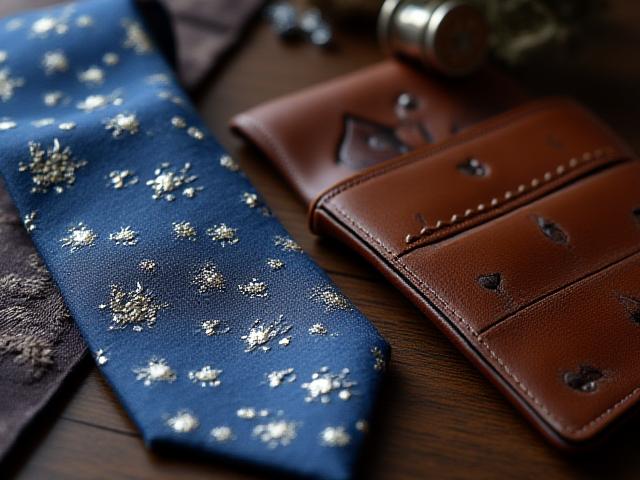 シルクのネクタイや革財布のディテール